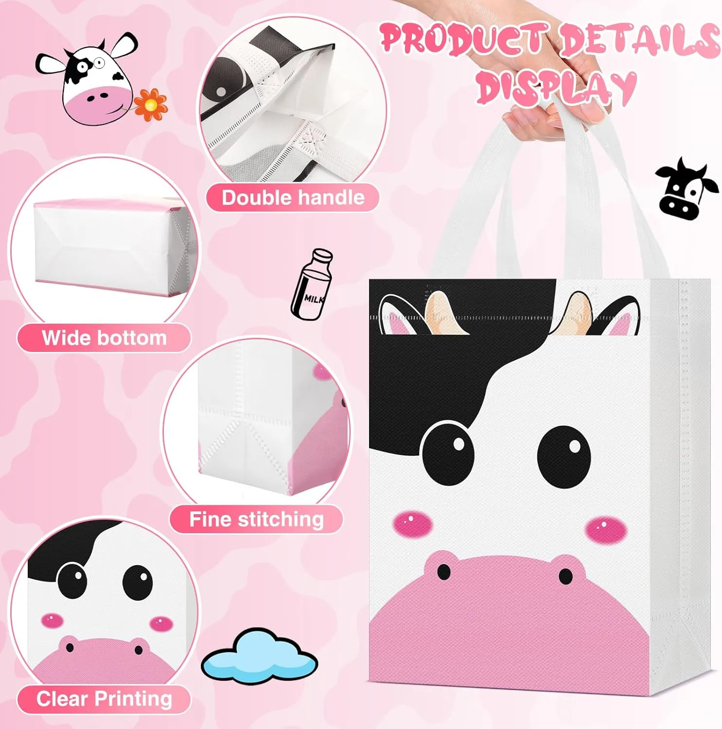 Locmeo 24 Pcs Cow Party Favors Bag Reusable Non Woven Cow Print Gifts Bags with Handles, Farm Themed Goodie Treat Candy Bags for Kids Cow Farm Animals Birthday Party Supplies