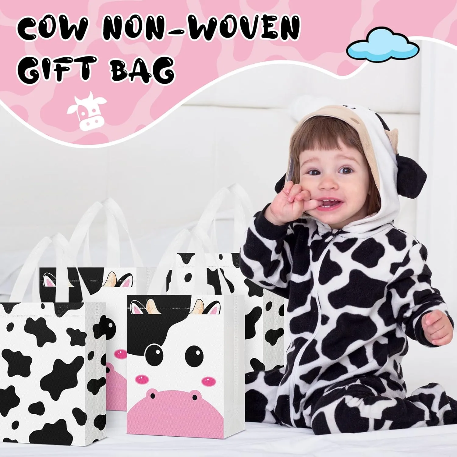 Locmeo 24 Pcs Cow Party Favors Bag Reusable Non Woven Cow Print Gifts Bags with Handles, Farm Themed Goodie Treat Candy Bags for Kids Cow Farm Animals Birthday Party Supplies