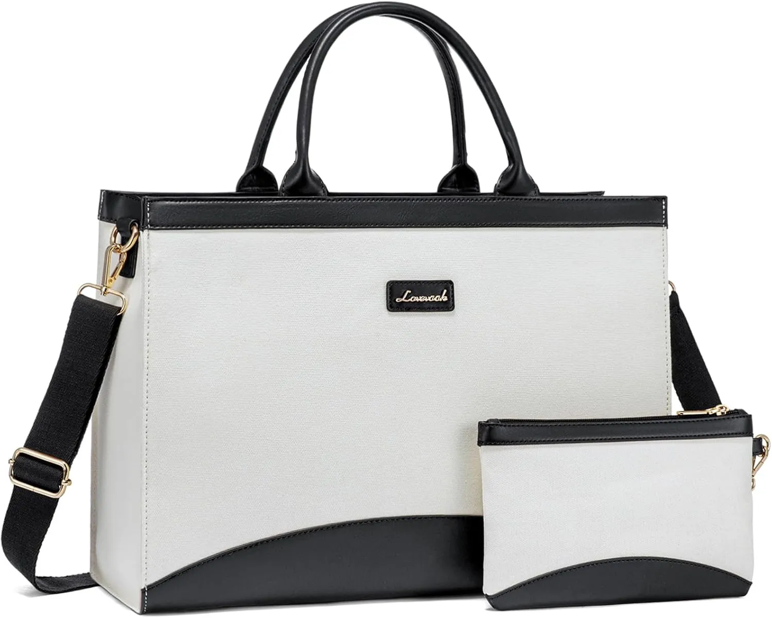 LOVEVOOK Laptop Tote Bag for Women,15.6 Inch Large Capacity Work Bag with Clutch Purse for Teacher, Canvas Computer Bag for Business fits Office College Travel Black & White