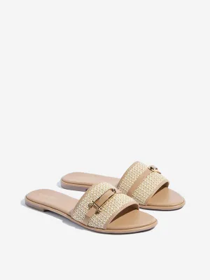 LUNA BLU Beige Woven Buckle-Detailed Slides
