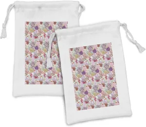 Lunarable Aquarium Fabric Pouch Set of 2, Colorful Coral Reef Pattern with Exotic Fishes and Seashells Aquatic Ecosystem, Small Drawstring Bag for Toiletries Masks and Favors, 9" x 6", Multicolor