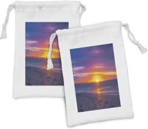 Lunarable Beach Fabric Pouch Set of 2, Calm Tranquil Sunset at Exotic Sandy Seashore Coastal Dramatic Vibrant Photo, Small Drawstring Bag for Toiletries Masks and Favors, 9" x 6", Purple Pink Orange