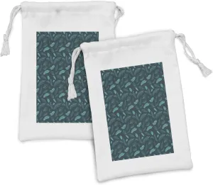 Lunarable Blue Fabric Pouch Set of 2, Abstract Falling Feathers Exotic Animal Quill Tropical Wildlife Birds, Small Drawstring Bag for Toiletries Masks and Favors, 9" x 6", Turquoise and Dark Teal