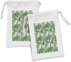 Lunarable Exotic Fabric Pouch Set of 2, Tropical Palm Leaves Areca Sago Howea Forsteriana Foliage Urban Design Pattern, Small Drawstring Bag for Toiletries Masks and Favors, 9" x 6", Green and White
