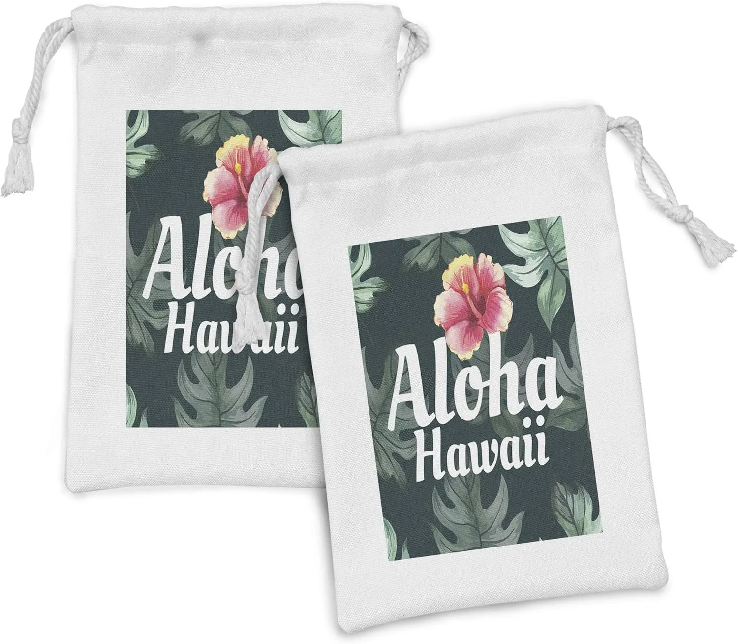 Lunarable Hawaiian Fabric Pouch Set of 2, Monstera Leaf Exotic Flourish Greenery Watercolor Effect, Small Drawstring Bag for Toiletries Masks and Favors, 9" x 6", Hunter Green Pale Yellow