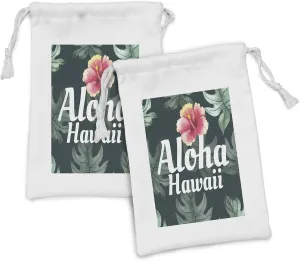 Lunarable Hawaiian Fabric Pouch Set of 2, Monstera Leaf Exotic Flourish Greenery Watercolor Effect, Small Drawstring Bag for Toiletries Masks and Favors, 9" x 6", Hunter Green Pale Yellow