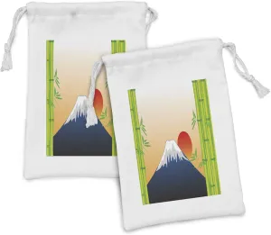 Lunarable Nature Fabric Pouch Set of 2, Snowy Mountaintop Hill at Sunrise Japanese Framework with Exotic Tree, Small Drawstring Bag for Toiletries Masks and Favors, 9" x 6", Navy Blue Orange Green