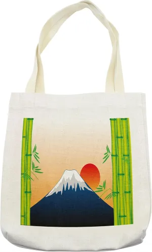 Lunarable Nature Tote Bag, Snowy Mountaintop Hill at Sunrise Japanese Framework with Exotic Tree, Cloth Linen Reusable Bag for Shopping Books Beach and More, 16.5" X 14", Navy Blue Orange Green