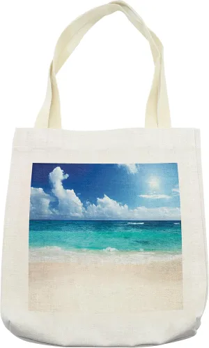 Lunarable Ocean Tote Bag, Paradise Beach in Caribbean Sea with Exotic Tropical Sky Sun Calm Hot Weather, Cloth Linen Reusable Bag for Shopping Books Beach and More, 16.5" X 14", Cream