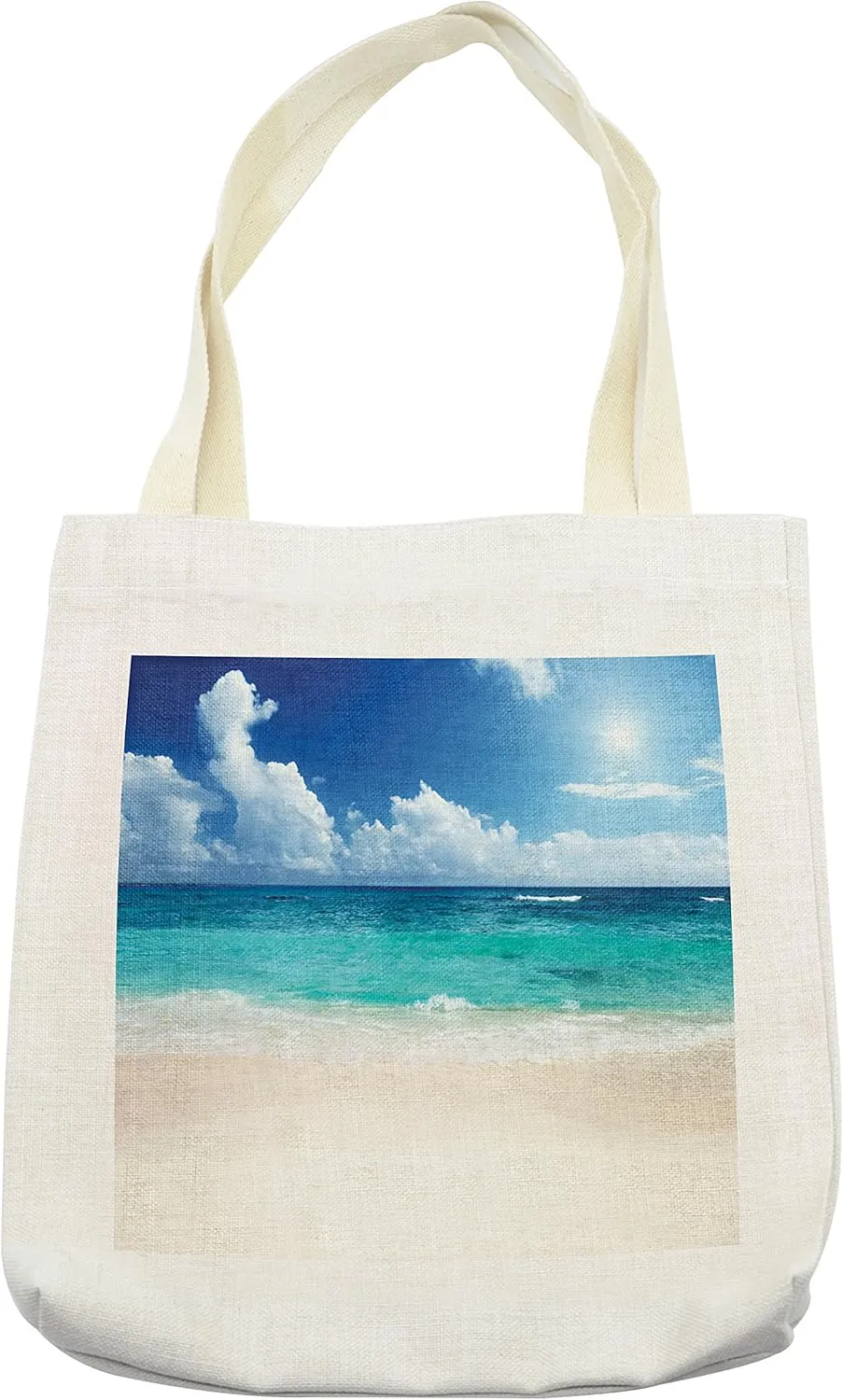 Lunarable Ocean Tote Bag, Paradise Beach in Caribbean Sea with Exotic Tropical Sky Sun Calm Hot Weather, Cloth Linen Reusable Bag for Shopping Books Beach and More, 16.5" X 14", Cream