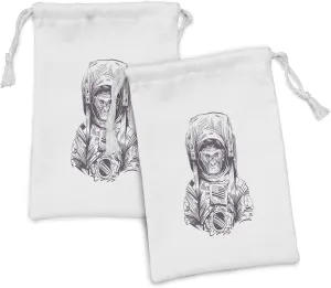 Lunarable Outer Space Fabric Pouch Set of 2, Monkey Vintage American Spacesuit Wild Gorilla Invasion of Ethereal Zone Universe, Small Drawstring Bag for Toiletries Masks and Favors, 9" x 6", Grey