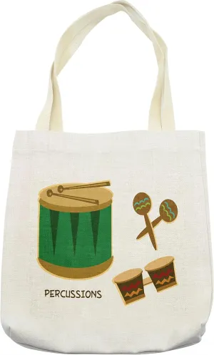 Lunarable Percussion Tote Bag, Funky Vibes Drums Maracas and Bongos Cuban Latin Festival Exotic Sound, Cloth Linen Reusable Bag for Shopping Books Beach and More, 16.5" X 14", Cream