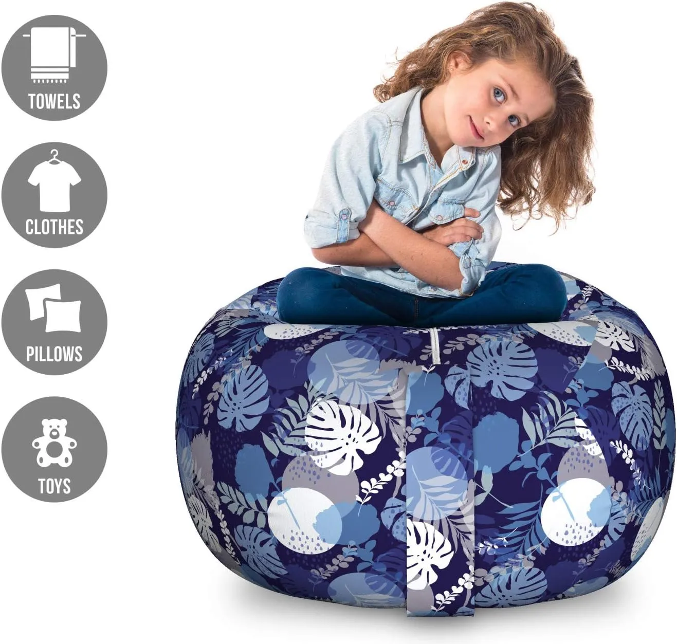Lunarable Tropical Storage Toy Bag Chair, Monstera Leaves with Circles Foliage Exotic Style Fan Palm Island Theme, Stuffed Animal Organizer Washable Bag, Large Size, Purple Grey