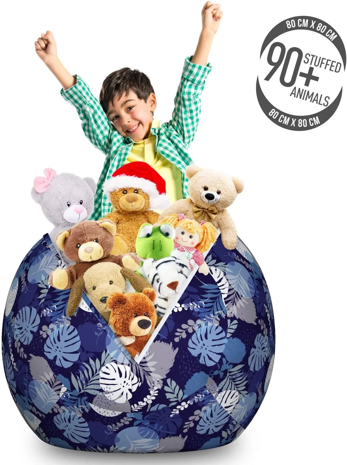 Lunarable Tropical Storage Toy Bag Chair, Monstera Leaves with Circles Foliage Exotic Style Fan Palm Island Theme, Stuffed Animal Organizer Washable Bag, Large Size, Purple Grey