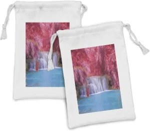 Lunarable Waterfall Fabric Pouch Set of 2, Mother Natures Gift Immense Waterfall with Pink Exotic Trees Laos Photography, Small Drawstring Bag for Toiletries Masks and Favors, 9" x 6", Pink and Blue