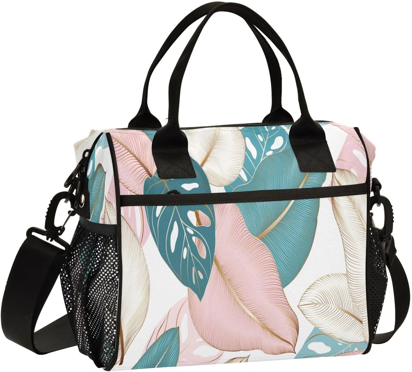 Lunch Bag with Shoulder Strap for Women Men Tropic Exotic Golden Leaves Insulated Lunch Box Travel Tote Bags Meal Prep Organizer for School Office Picnic M