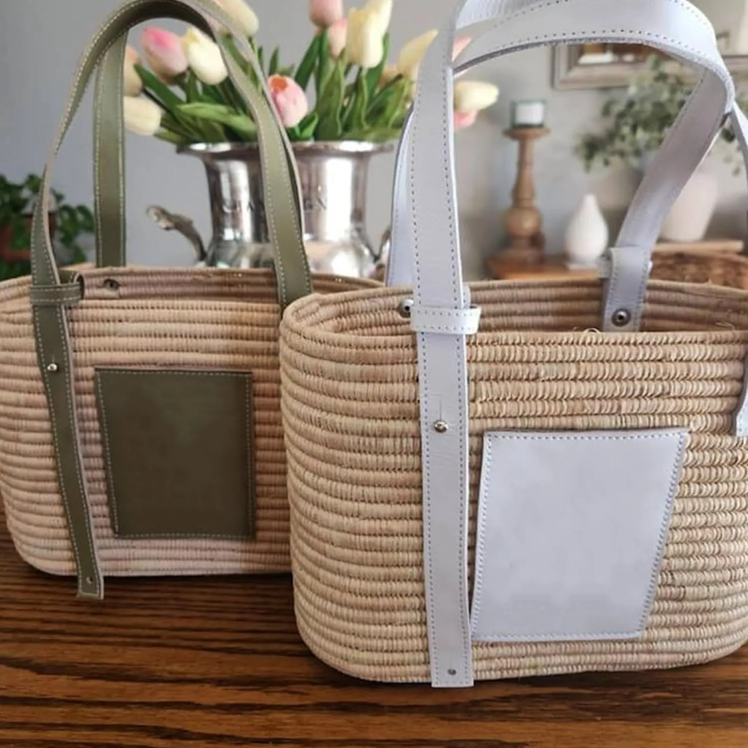 Luxury Raffia Tote Bag with Leather Handles – Handcrafted Elegance for Everyday Style, Women's Straw Woven Shoulder Bag, Tote Handbag, Summer Beach Purse (White)
