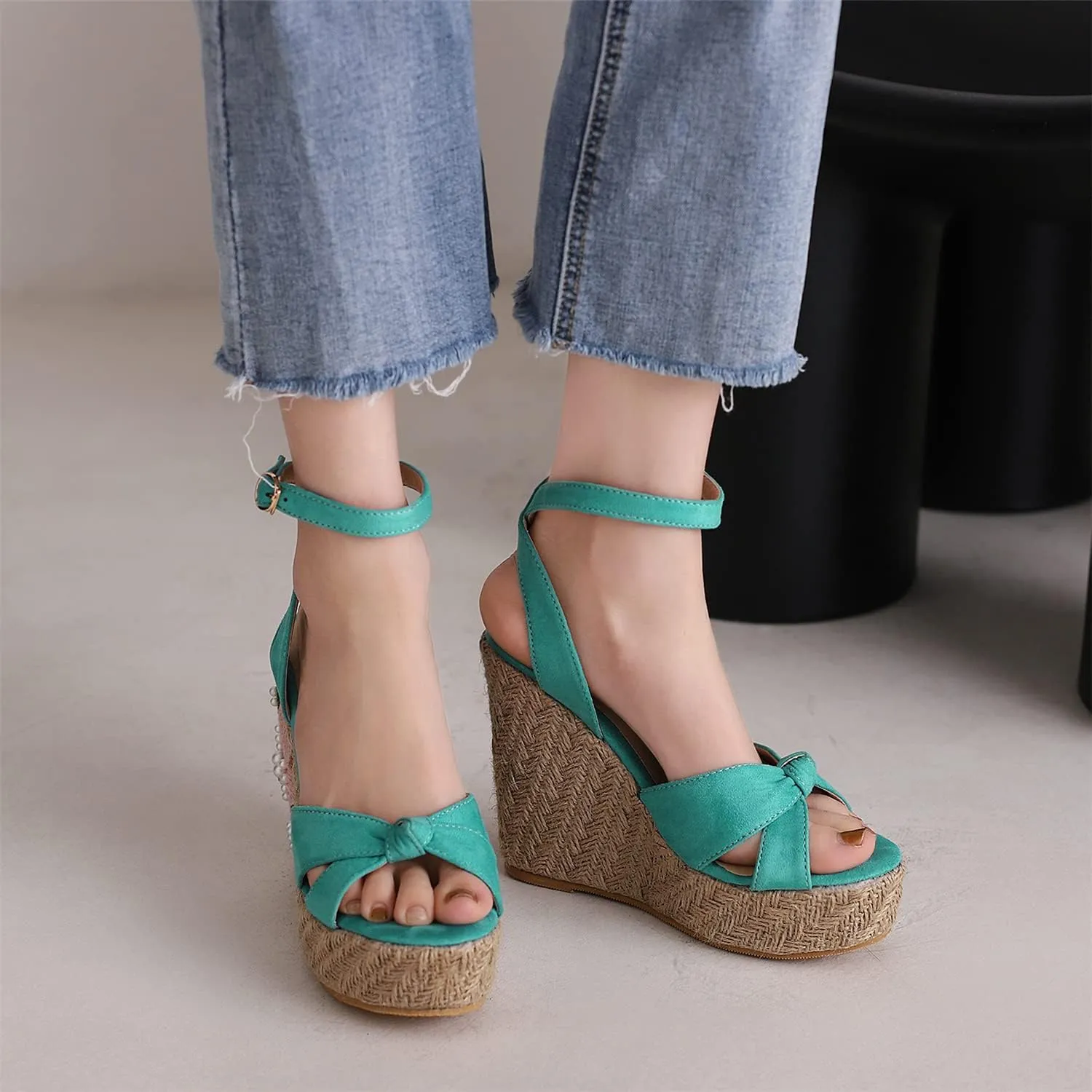 LYYSKY Womens Fashion 12CM Super High Heels Open Toe Straw Embroidered Flower Sandals Concise Wedge Heels Platform OL Pumps 699-35-39 Size US4-US15