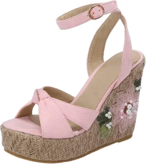 LYYSKY Womens Fashion 12CM Super High Heels Open Toe Straw Embroidered Flower Sandals Concise Wedge Heels Platform OL Pumps 699-35-39 Size US4-US15