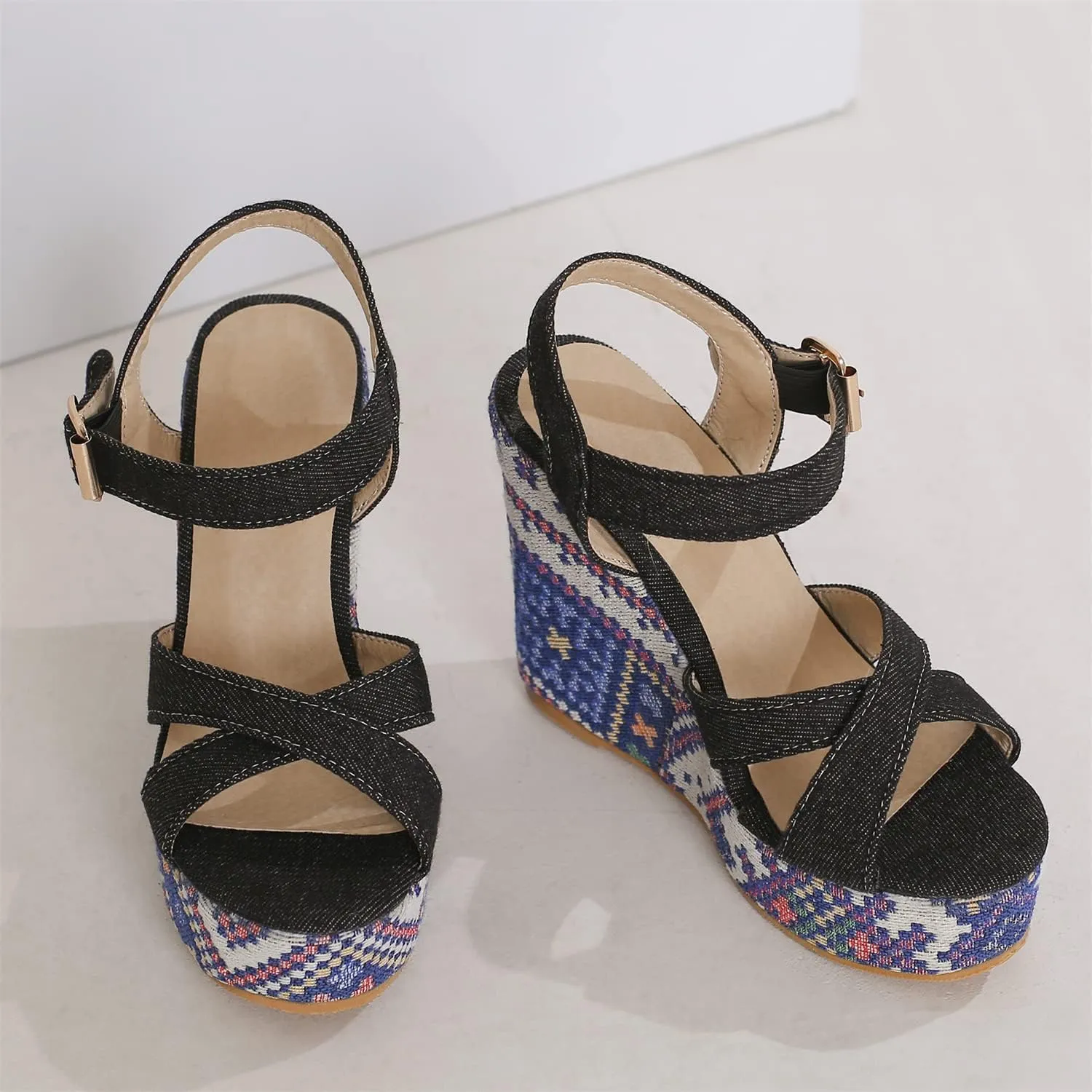 LYYSKY Womens Fashion 12CM Super High Heels Open Toe Straw Embroidered Flower Sandals Concise Wedge Heels Platform OL Pumps 699-35-39 Size US4-US15
