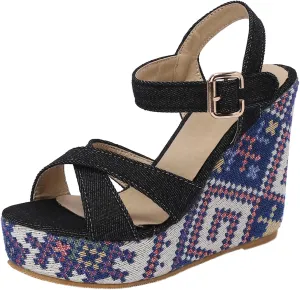 LYYSKY Womens Fashion 12CM Super High Heels Open Toe Straw Embroidered Flower Sandals Concise Wedge Heels Platform OL Pumps 699-35-39 Size US4-US15