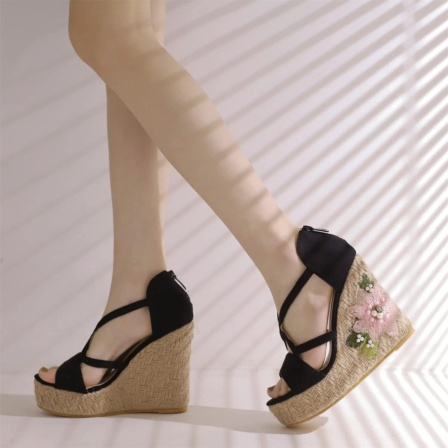 LYYSKY Womens Fashion 12CM Super High Heels Open Toe Straw Embroidered Flower Sandals Concise Wedge Heels Platform OL Pumps 699-35-39 Size US4-US15