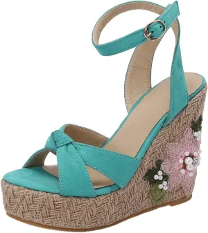 LYYSKY Womens Fashion 12CM Super High Heels Open Toe Straw Embroidered Flower Sandals Concise Wedge Heels Platform OL Pumps 699-35-39 Size US4-US15