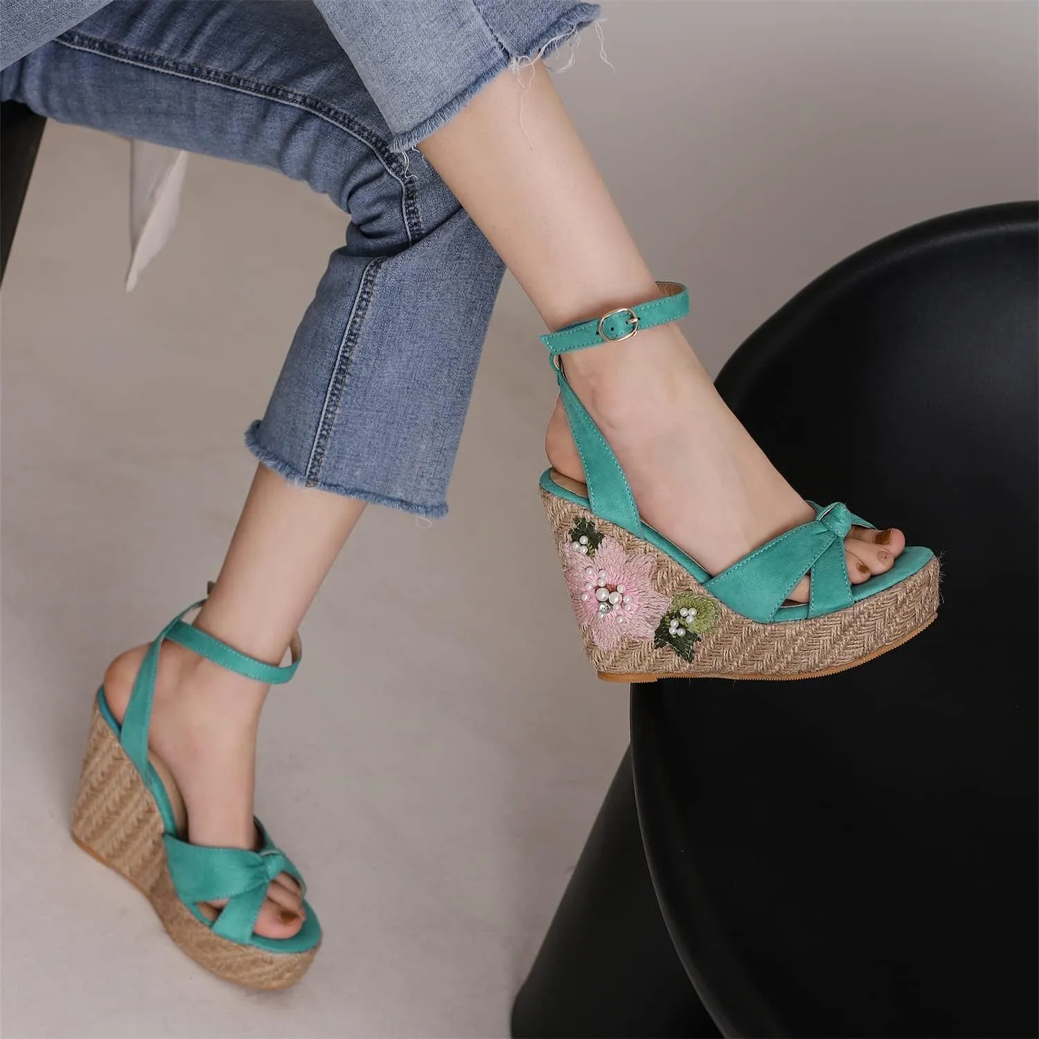 LYYSKY Womens Fashion 12CM Super High Heels Open Toe Straw Embroidered Flower Sandals Concise Wedge Heels Platform OL Pumps 699-35-39 Size US4-US15