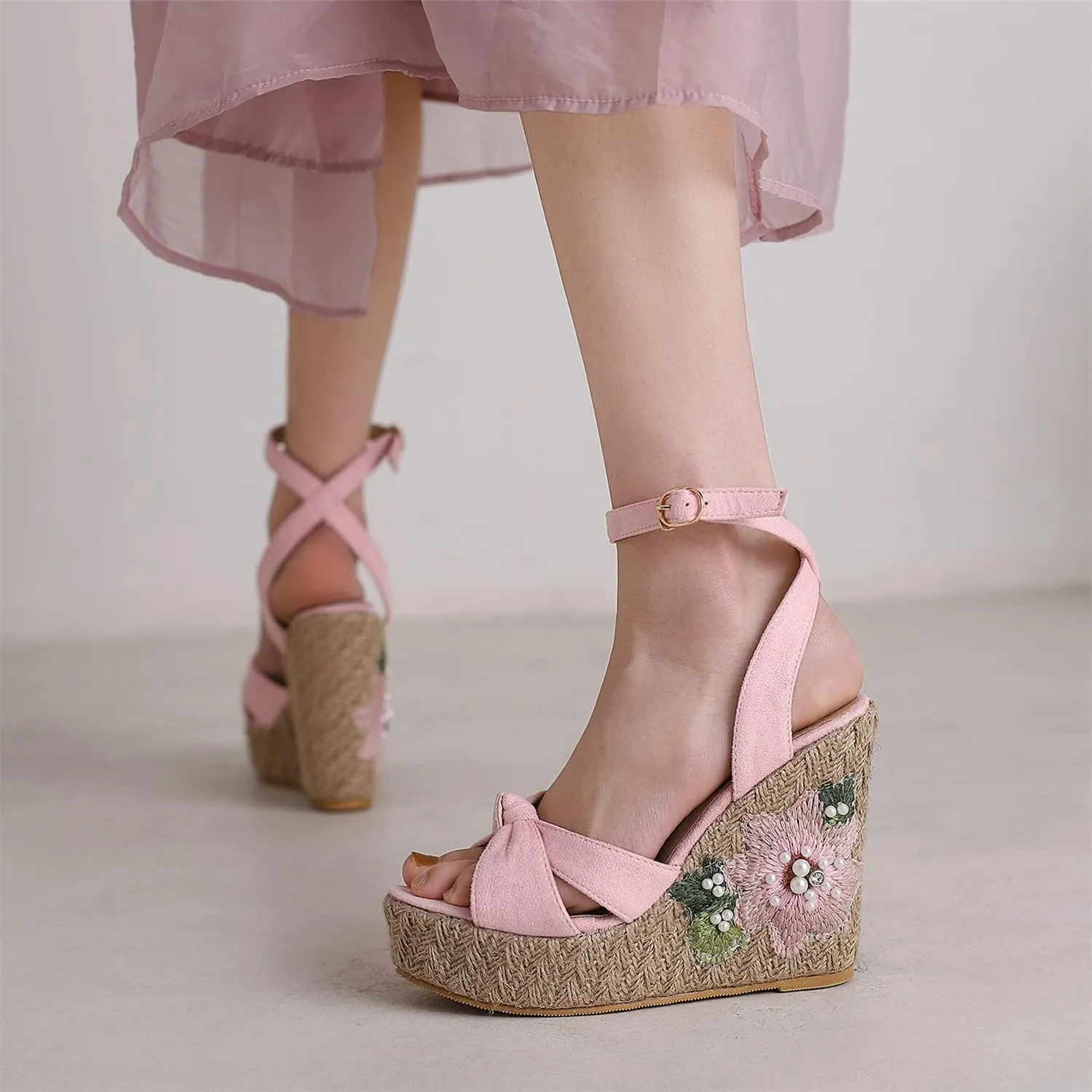 LYYSKY Womens Fashion 12CM Super High Heels Open Toe Straw Embroidered Flower Sandals Concise Wedge Heels Platform OL Pumps 699-35-39 Size US4-US15
