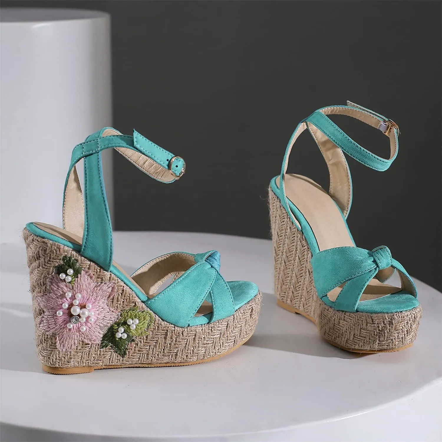 LYYSKY Womens Fashion 12CM Super High Heels Open Toe Straw Embroidered Flower Sandals Concise Wedge Heels Platform OL Pumps 699-35-39 Size US4-US15