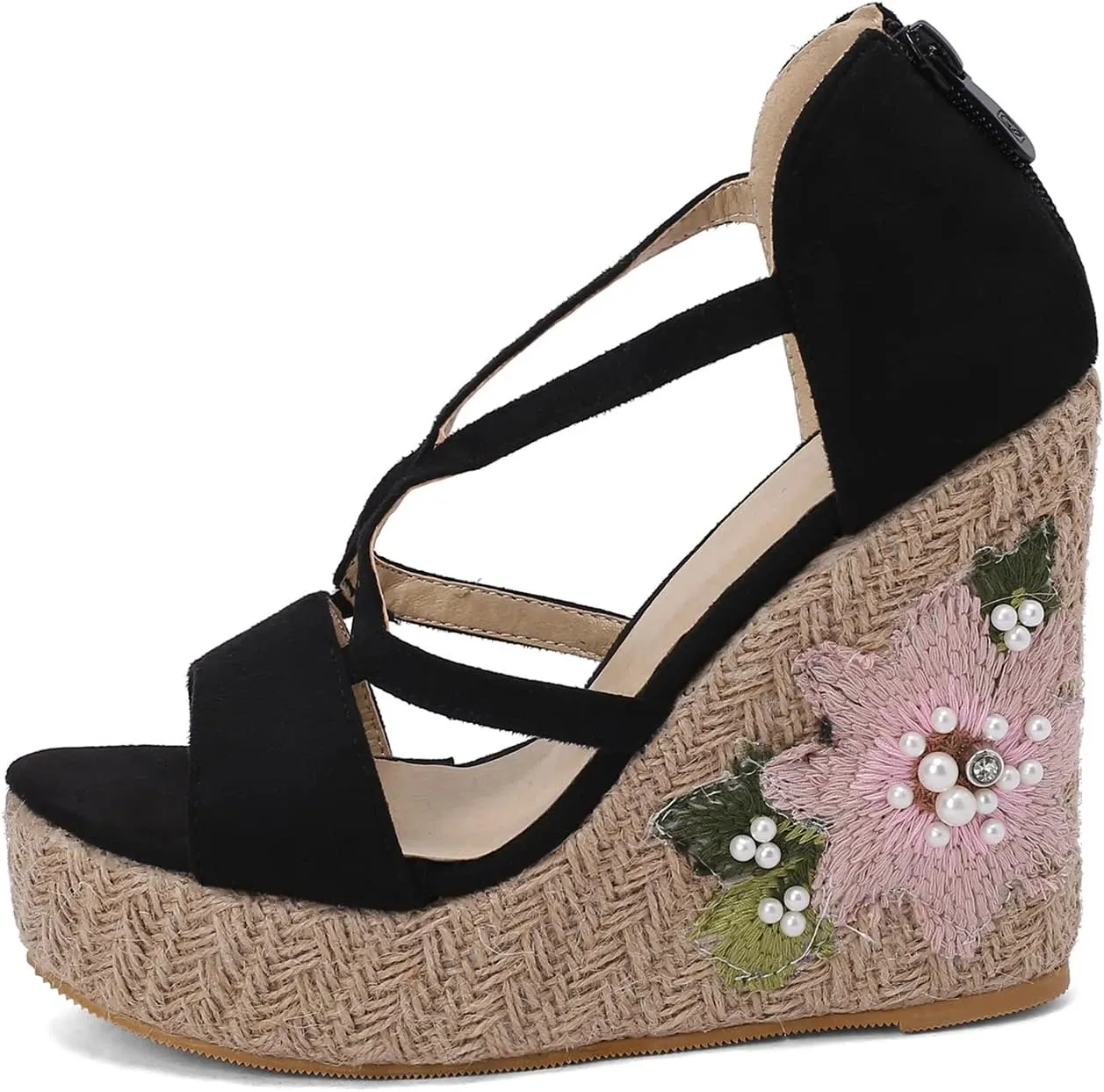 LYYSKY Womens Fashion 12CM Super High Heels Open Toe Straw Embroidered Flower Sandals Concise Wedge Heels Platform OL Pumps 699-35-39 Size US4-US15