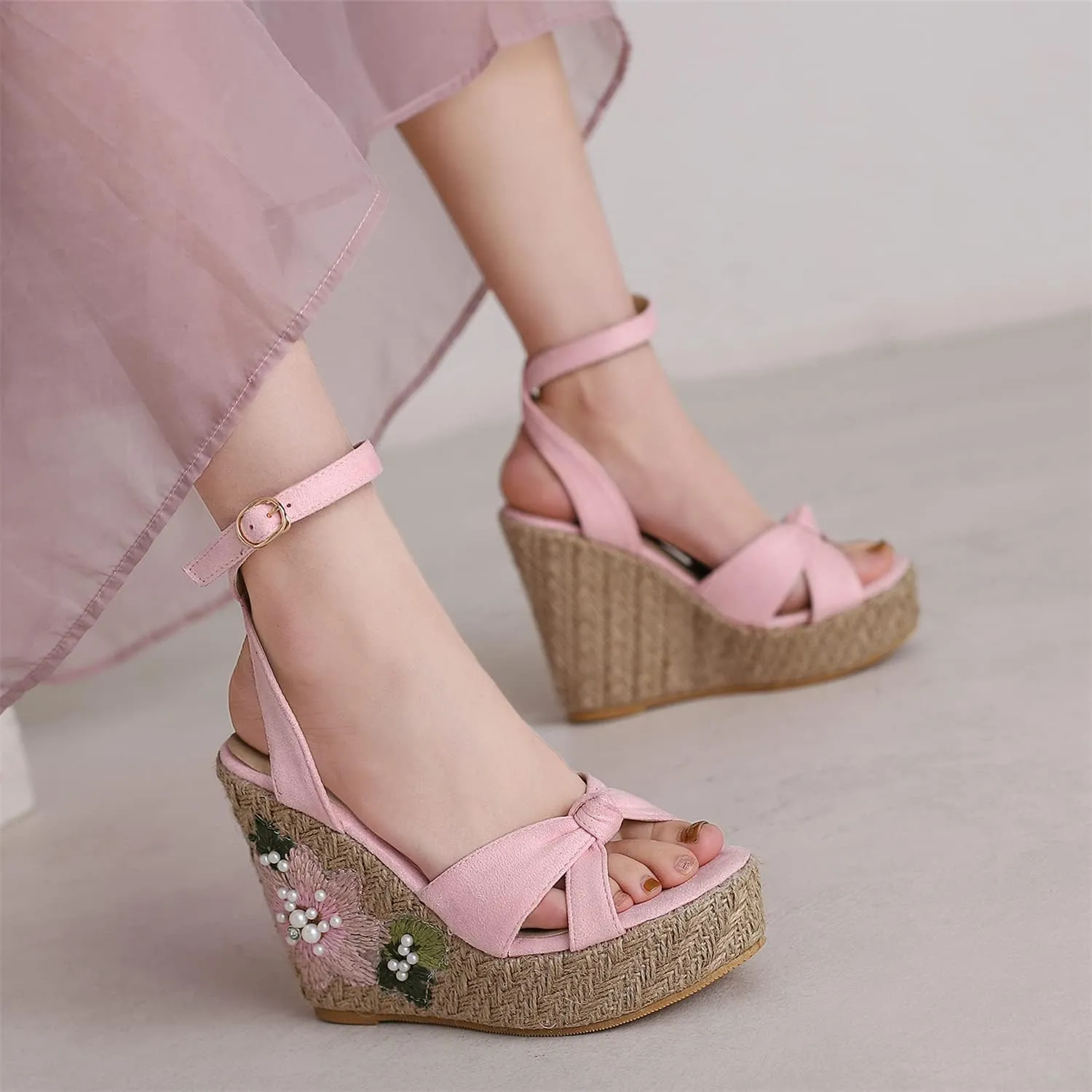 LYYSKY Womens Fashion 12CM Super High Heels Open Toe Straw Embroidered Flower Sandals Concise Wedge Heels Platform OL Pumps 699-35-39 Size US4-US15