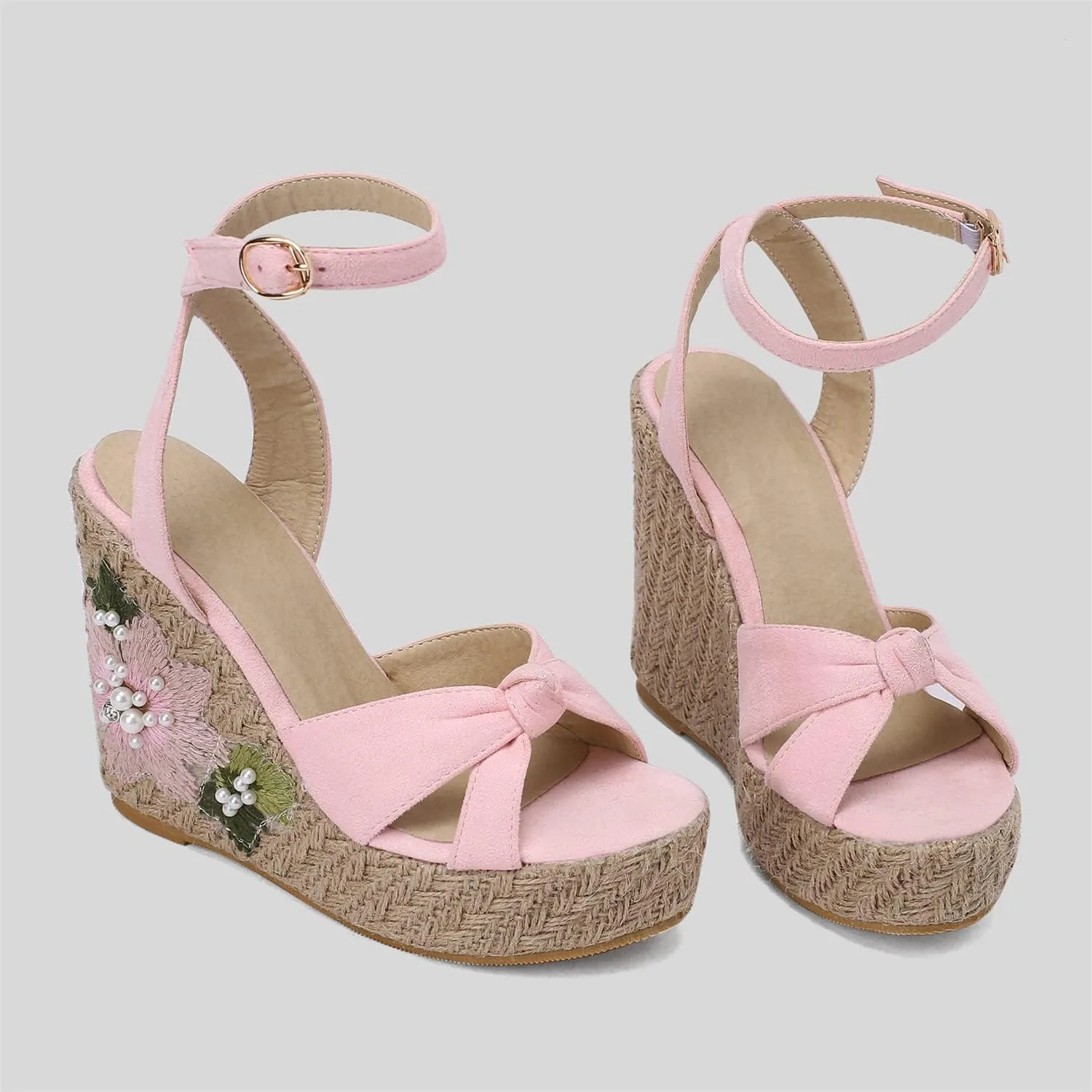 LYYSKY Womens Fashion 12CM Super High Heels Open Toe Straw Embroidered Flower Sandals Concise Wedge Heels Platform OL Pumps 699-35-39 Size US4-US15