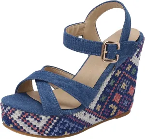LYYSKY Womens Fashion 12CM Super High Heels Open Toe Straw Embroidered Flower Sandals Concise Wedge Heels Platform OL Pumps 699-35-39 Size US4-US15