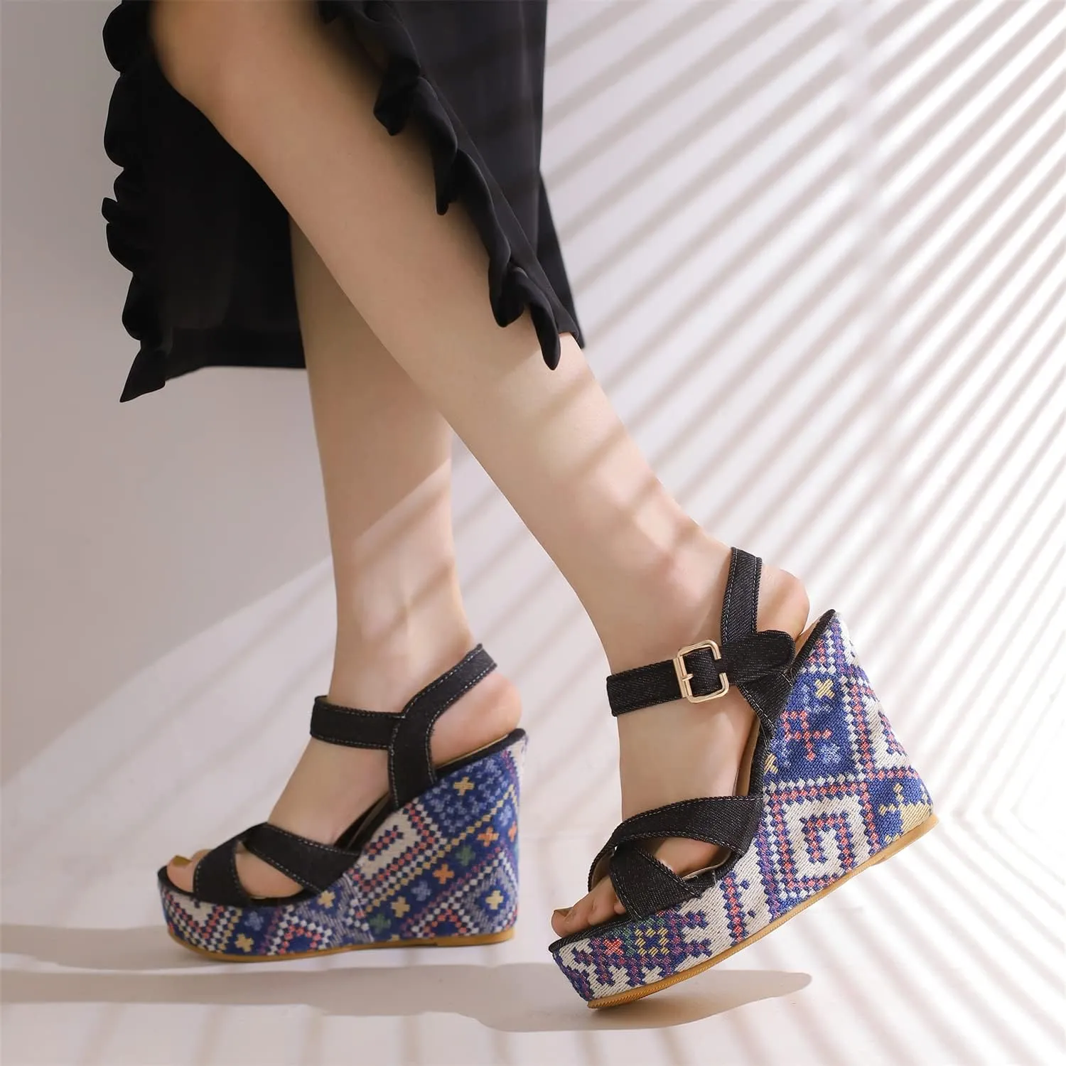LYYSKY Womens Fashion 12CM Super High Heels Open Toe Straw Embroidered Flower Sandals Concise Wedge Heels Platform OL Pumps 699-35-39 Size US4-US15