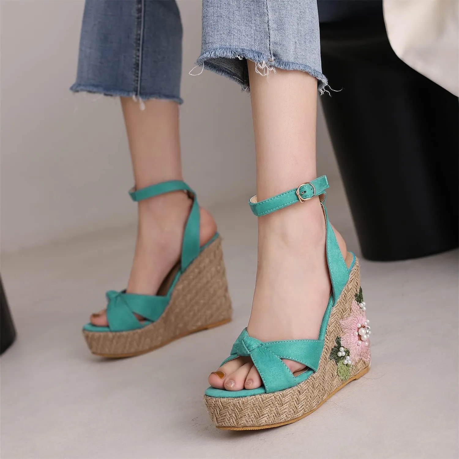 LYYSKY Womens Fashion 12CM Super High Heels Open Toe Straw Embroidered Flower Sandals Concise Wedge Heels Platform OL Pumps 699-35-39 Size US4-US15