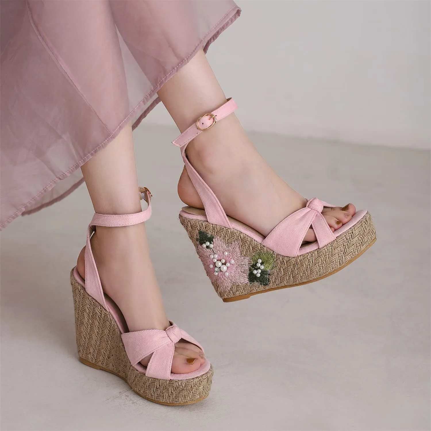 LYYSKY Womens Fashion 12CM Super High Heels Open Toe Straw Embroidered Flower Sandals Concise Wedge Heels Platform OL Pumps 699-35-39 Size US4-US15