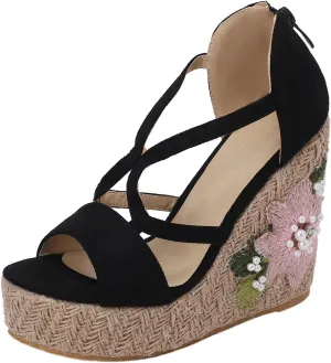 LYYSKY Womens Fashion 12CM Super High Heels Open Toe Straw Embroidered Flower Sandals Concise Wedge Heels Platform OL Pumps 699-35-39 Size US4-US15