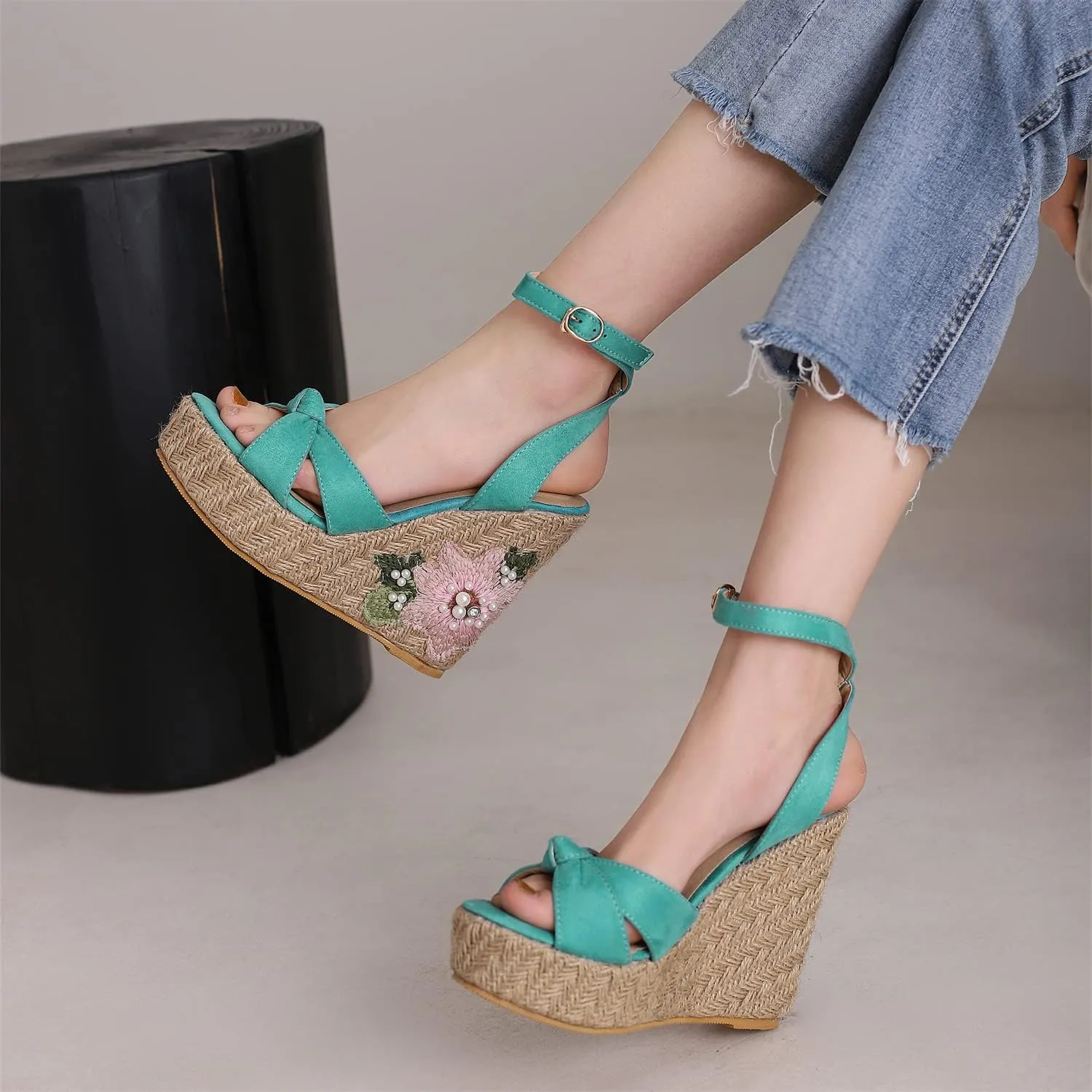LYYSKY Womens Fashion 12CM Super High Heels Open Toe Straw Embroidered Flower Sandals Concise Wedge Heels Platform OL Pumps 699-35-39 Size US4-US15