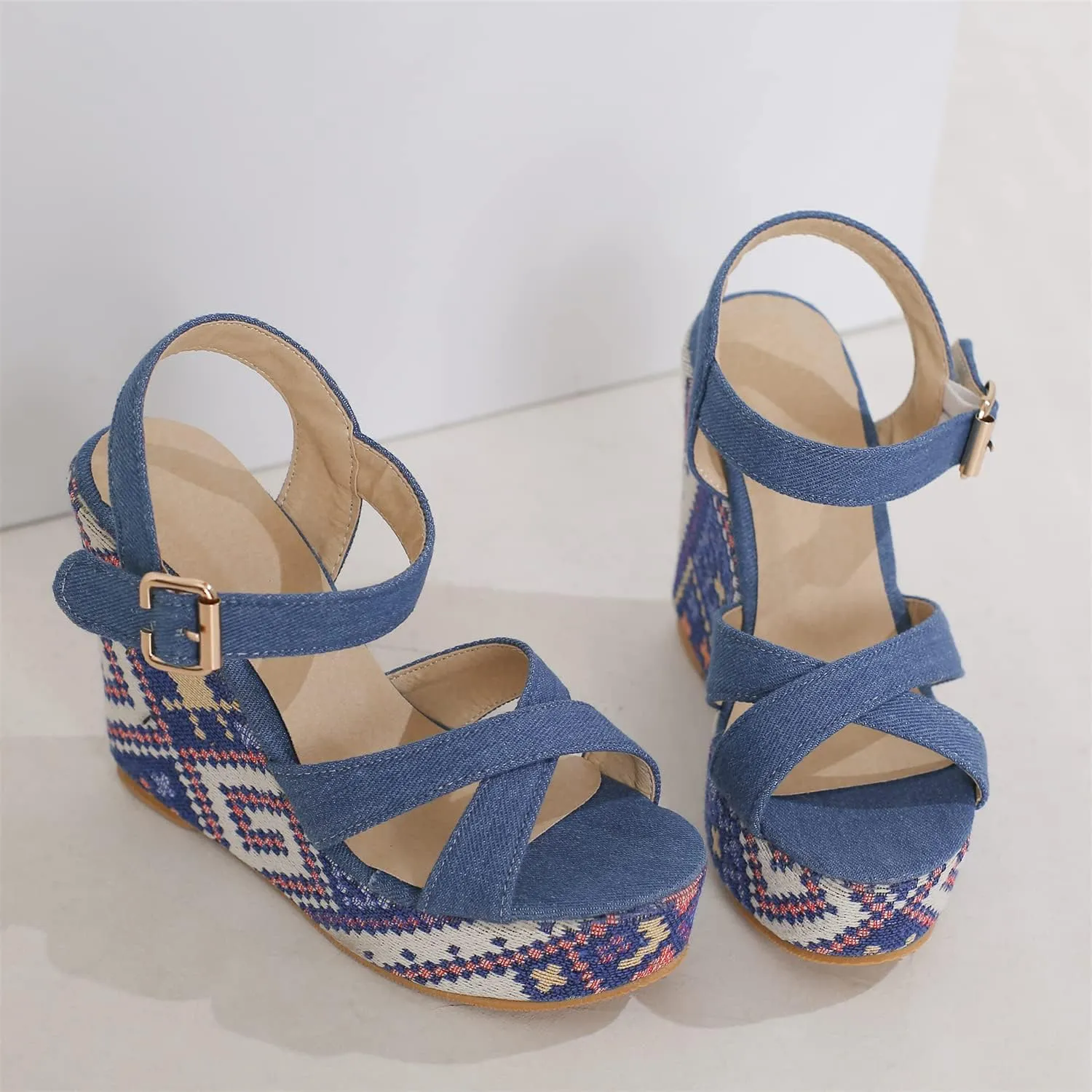 LYYSKY Womens Fashion 12CM Super High Heels Open Toe Straw Embroidered Flower Sandals Concise Wedge Heels Platform OL Pumps 699-35-39 Size US4-US15