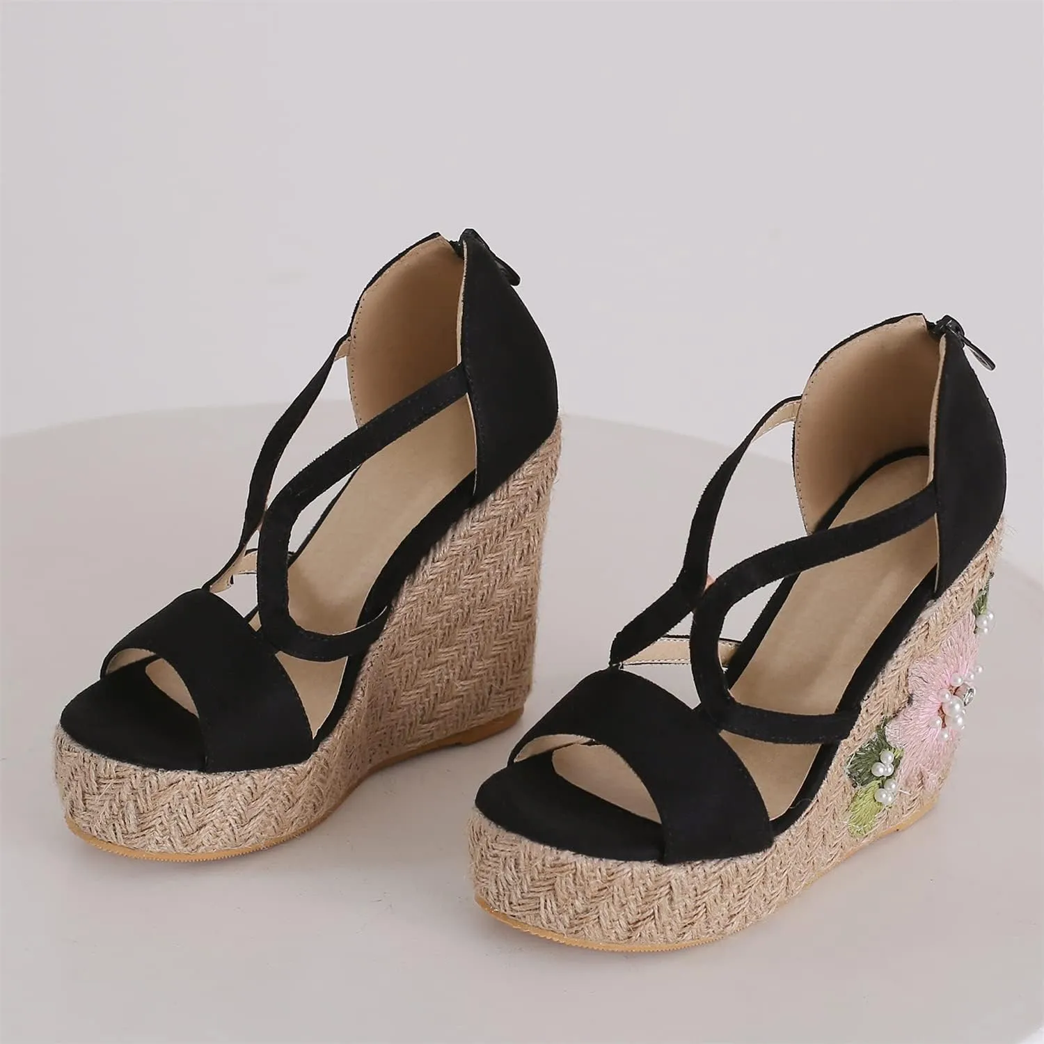 LYYSKY Womens Fashion 12CM Super High Heels Open Toe Straw Embroidered Flower Sandals Concise Wedge Heels Platform OL Pumps 699-35-39 Size US4-US15