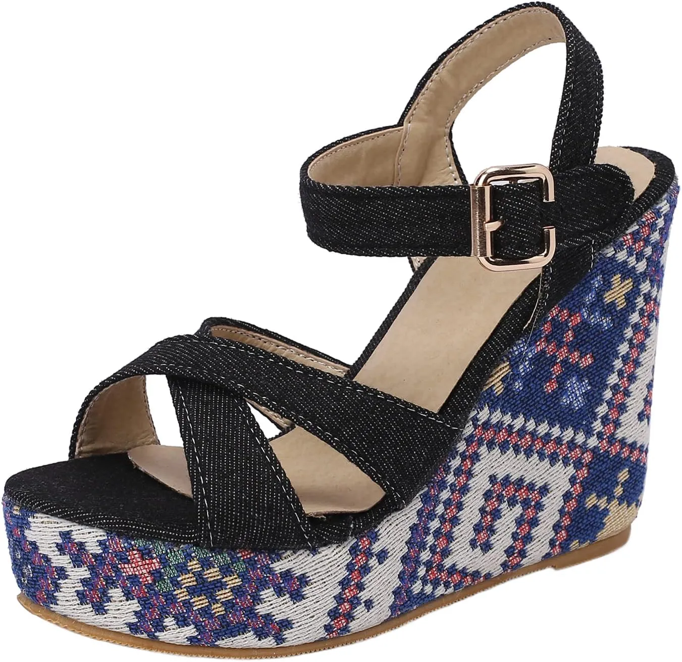 LYYSKY Womens Fashion 12CM Super High Heels Open Toe Straw Embroidered Flower Sandals Concise Wedge Heels Platform OL Pumps 699-35-39 Size US4-US15