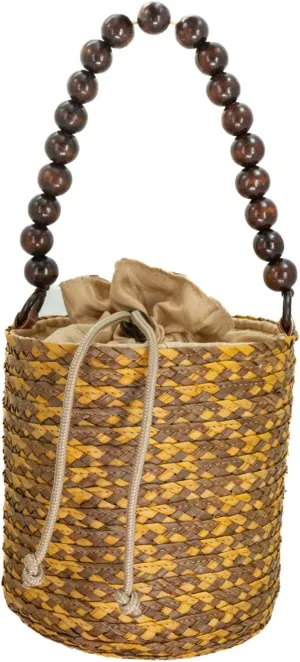 Macondo Straw Round Beach Bag, Wooden Handle, Handwoven Palm Handbag, Handmade Summer Bag, Handmade Travel Bag
