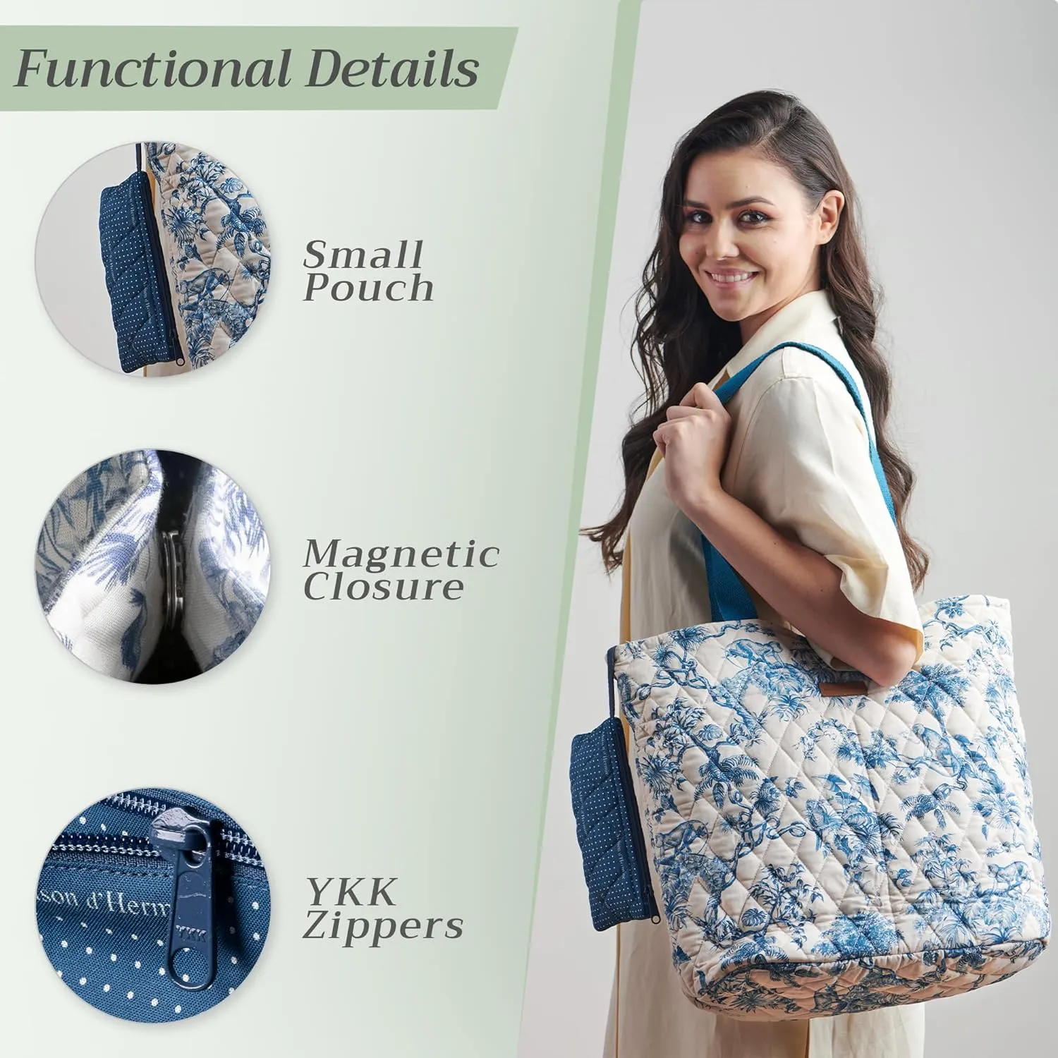 Maison d' Hermine Shopping Bag Cotton Quilted Tote Bag with Zipper Pockets & Small Pouch Grocery Bag for Work Travel Lunch