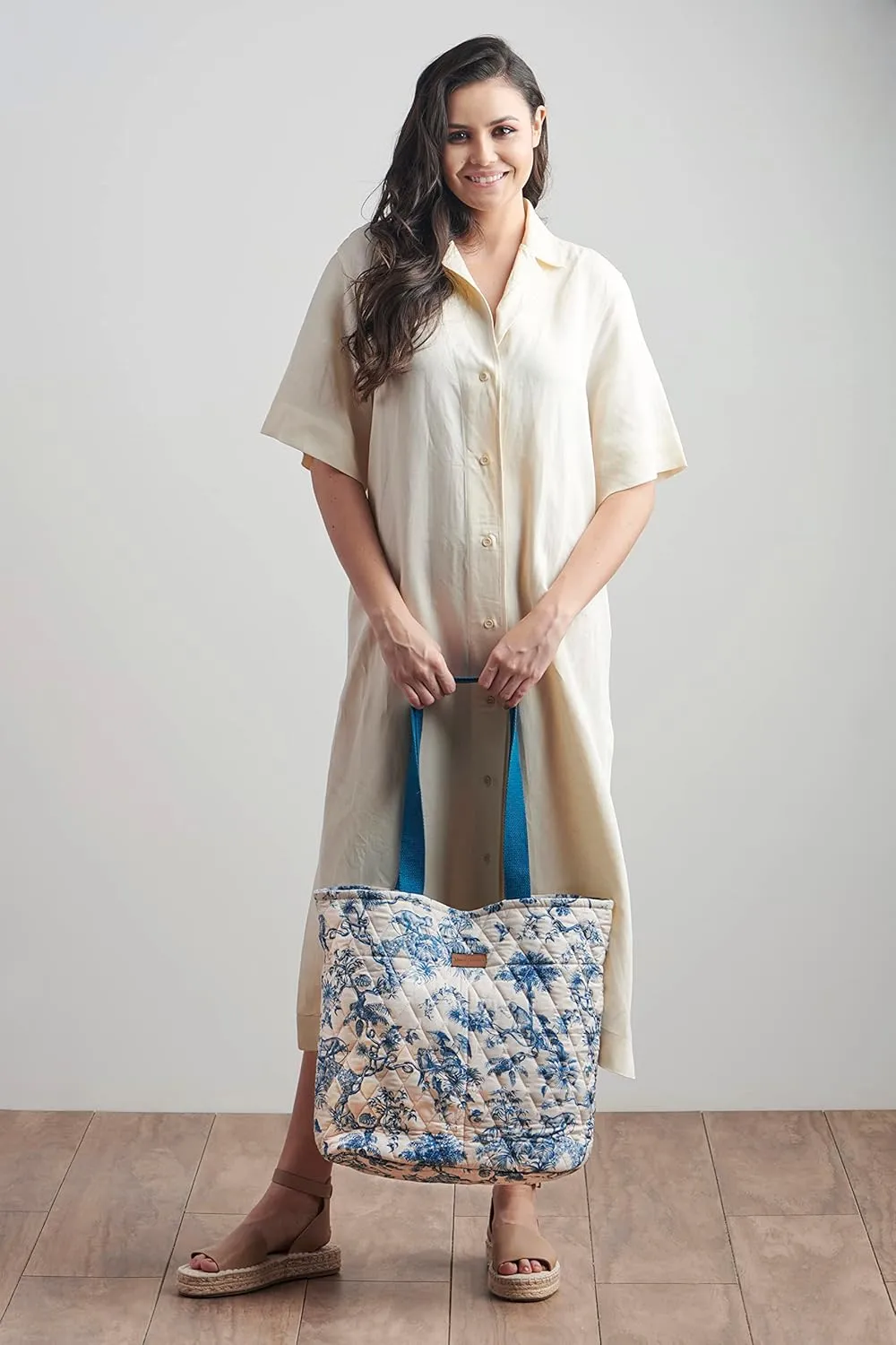 Maison d' Hermine Shopping Bag Cotton Quilted Tote Bag with Zipper Pockets & Small Pouch Grocery Bag for Work Travel Lunch