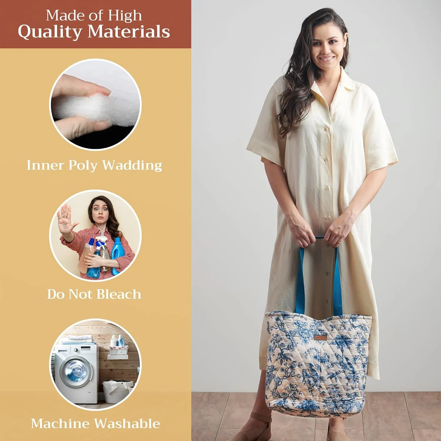 Maison d' Hermine Shopping Bag Cotton Quilted Tote Bag with Zipper Pockets & Small Pouch Grocery Bag for Work Travel Lunch