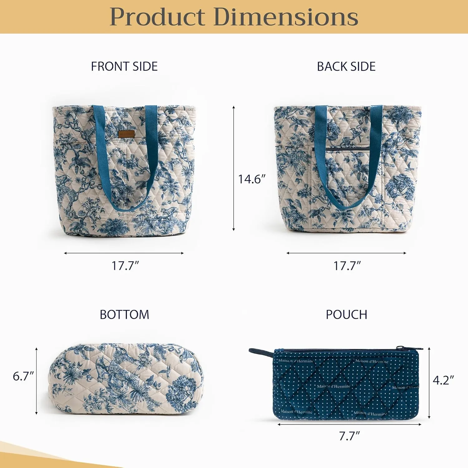 Maison d' Hermine Shopping Bag Cotton Quilted Tote Bag with Zipper Pockets & Small Pouch Grocery Bag for Work Travel Lunch