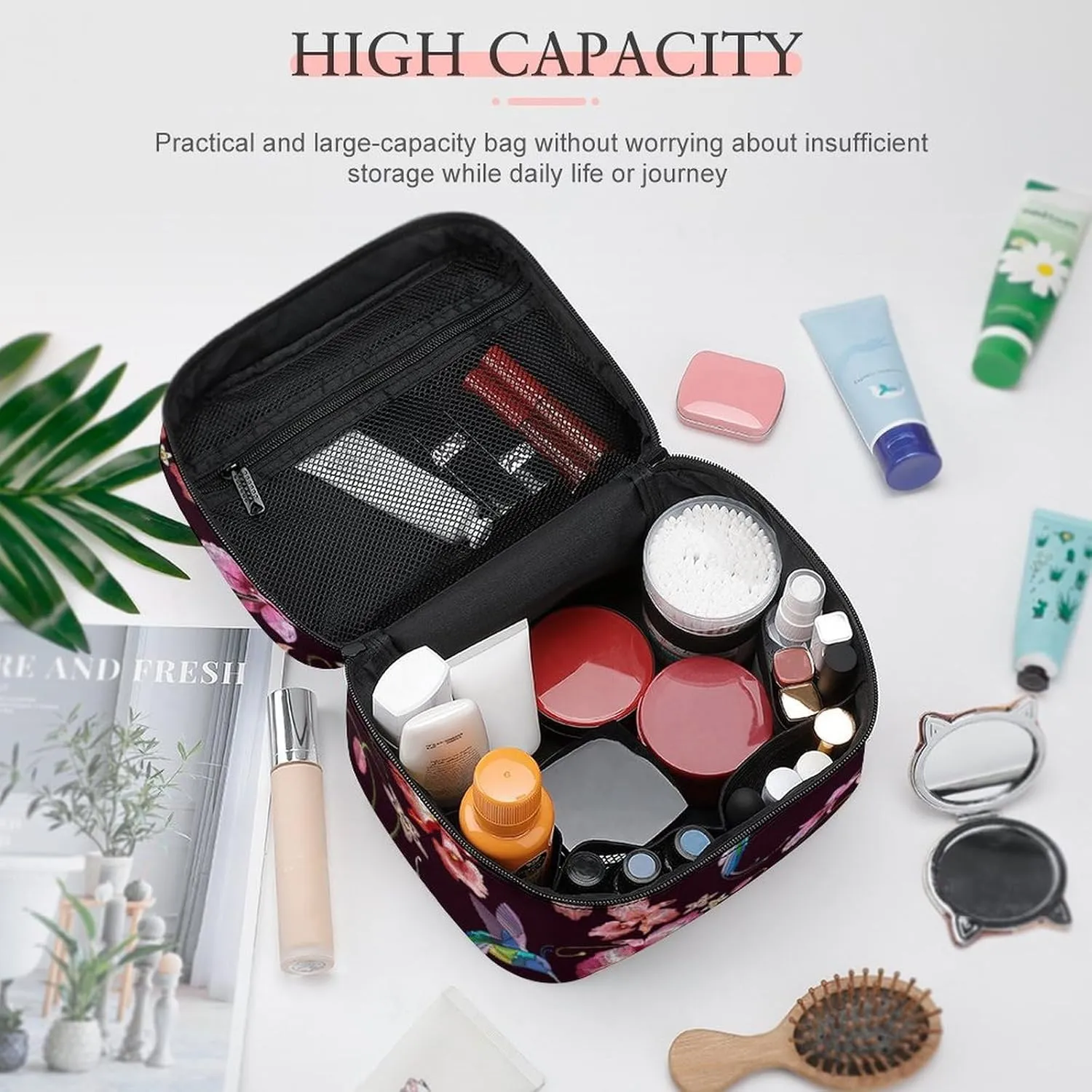 Makeup Bag Humming Bird Orchid Spring Cosmetic Bag for Women Beauty Zipper Makeup Organizer PU Leather Waterproof Toiletry Train Case Exotic Tropical Flowers