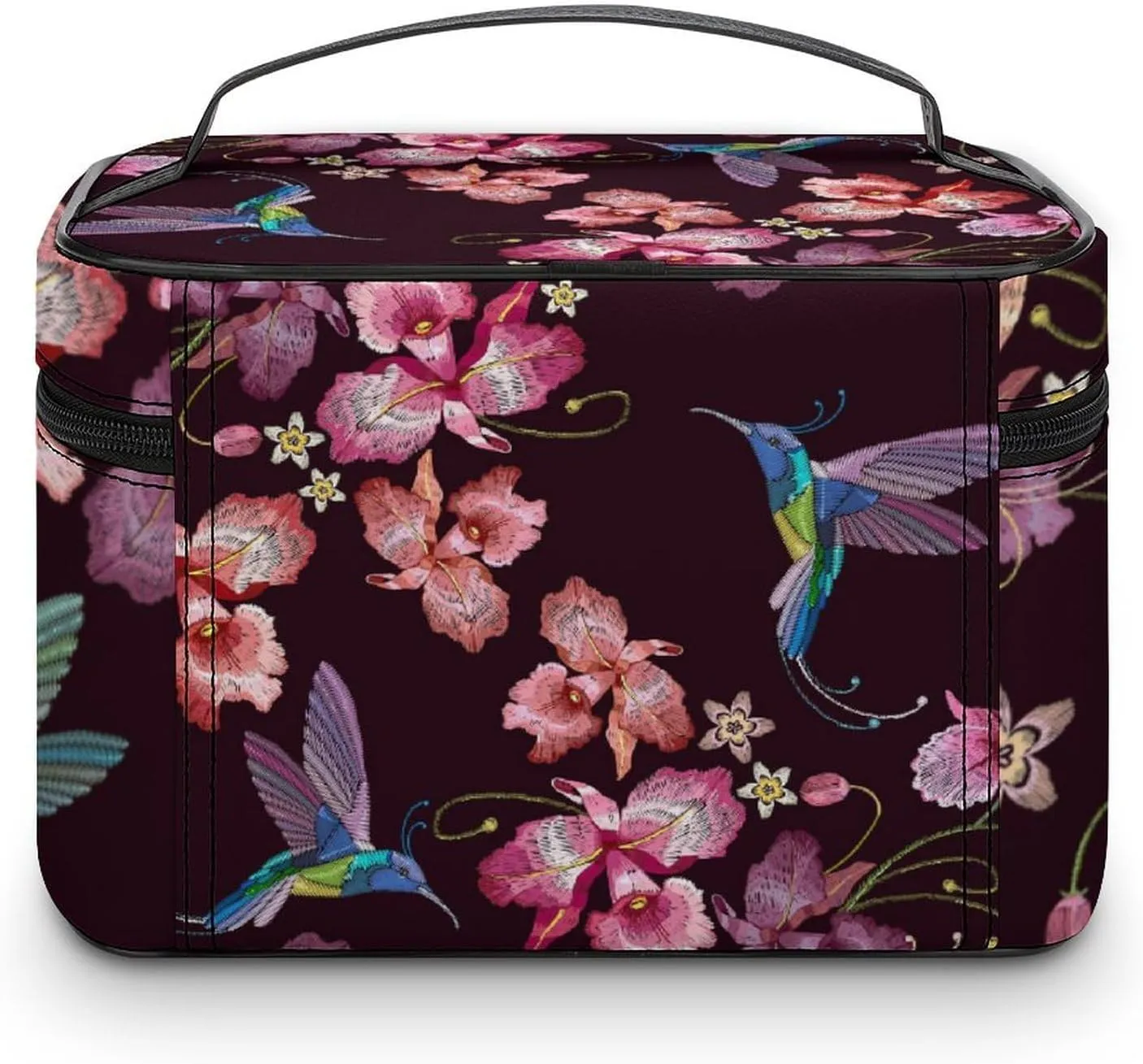 Makeup Bag Humming Bird Orchid Spring Cosmetic Bag for Women Beauty Zipper Makeup Organizer PU Leather Waterproof Toiletry Train Case Exotic Tropical Flowers