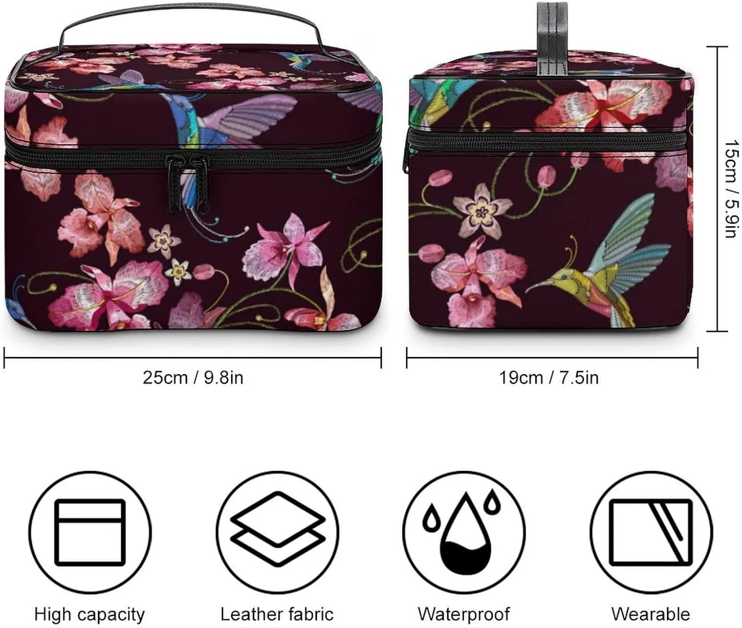 Makeup Bag Humming Bird Orchid Spring Cosmetic Bag for Women Beauty Zipper Makeup Organizer PU Leather Waterproof Toiletry Train Case Exotic Tropical Flowers